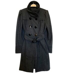 Guess Y2K Double-Breasted Funnel Neck Belted Wool Blend Peacoat Women L Charcoal